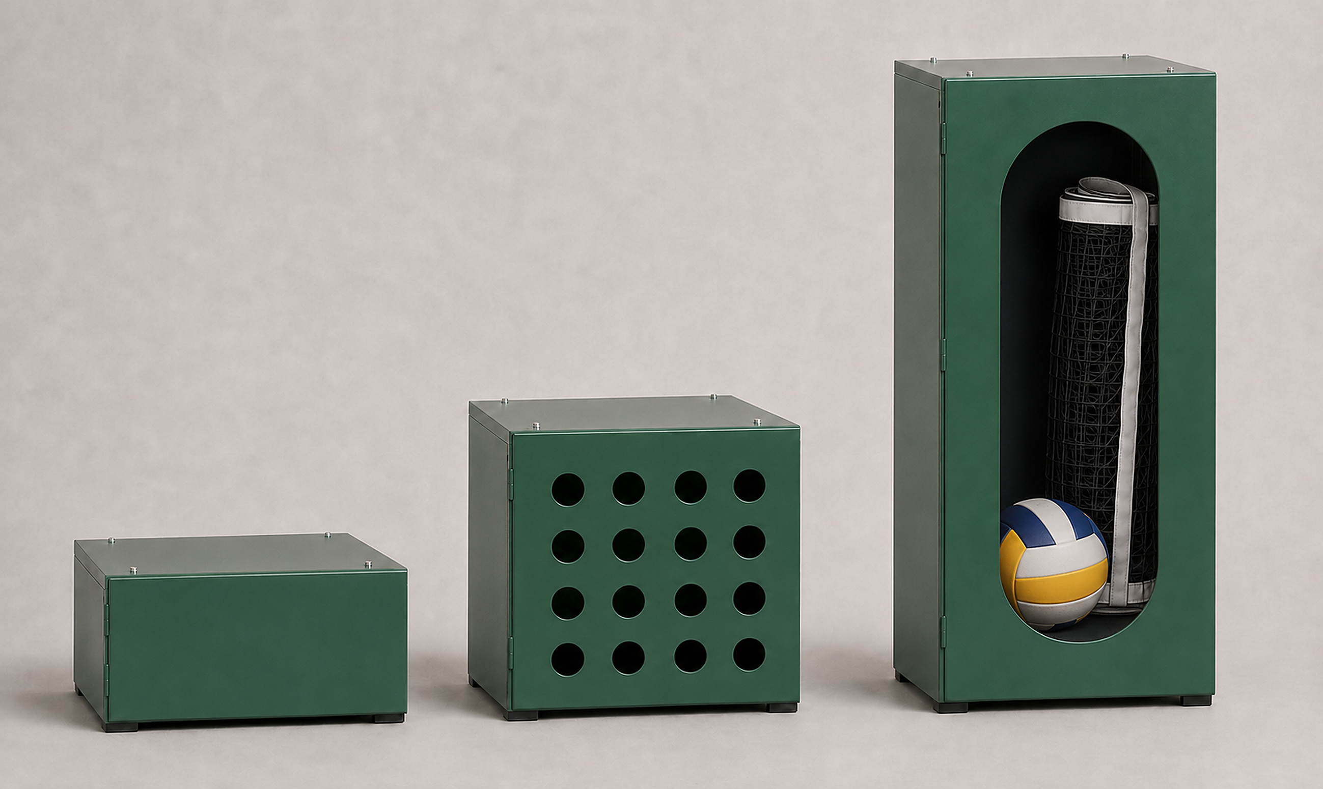 Drie UrbanCubby configuraties: halve box, basis box en dubbele box
